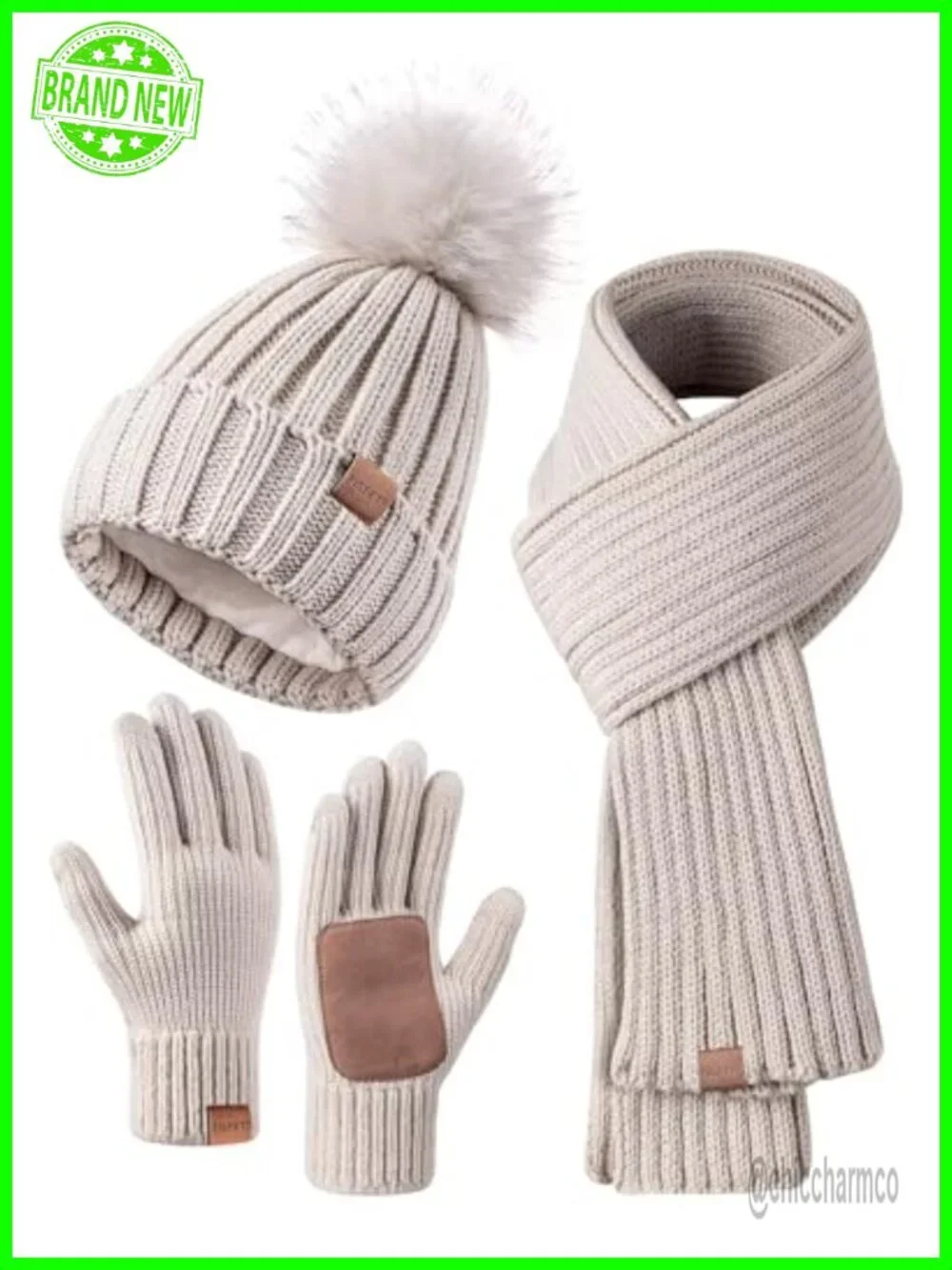 Winter Beanie Hat Scarf Gloves Set with Pom Pom Touchscreen